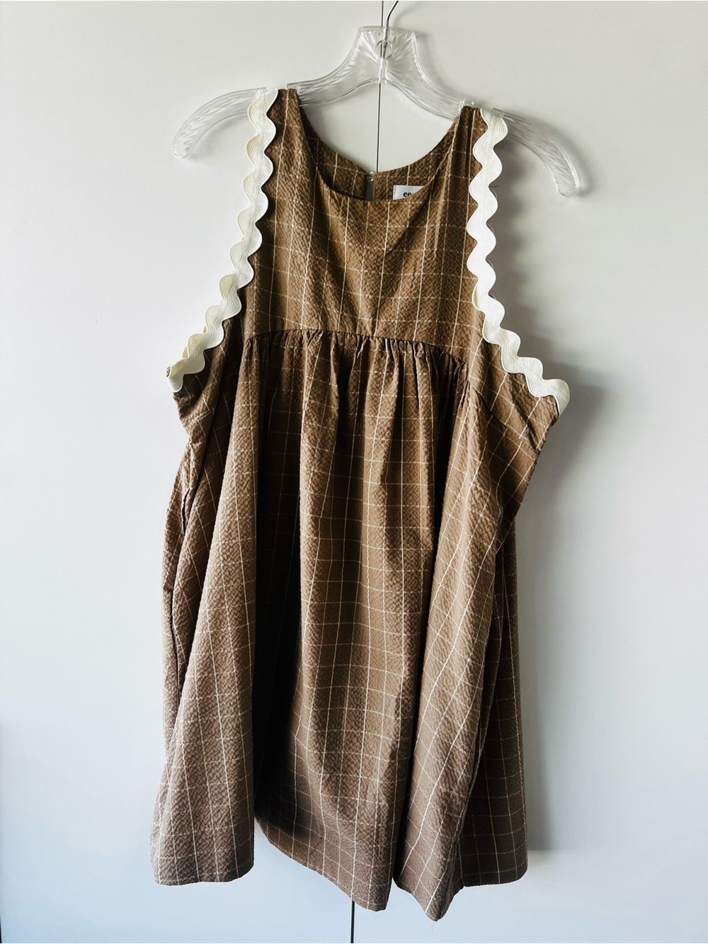 Women’s Brown Checked Dress with White Ric Rac Trim